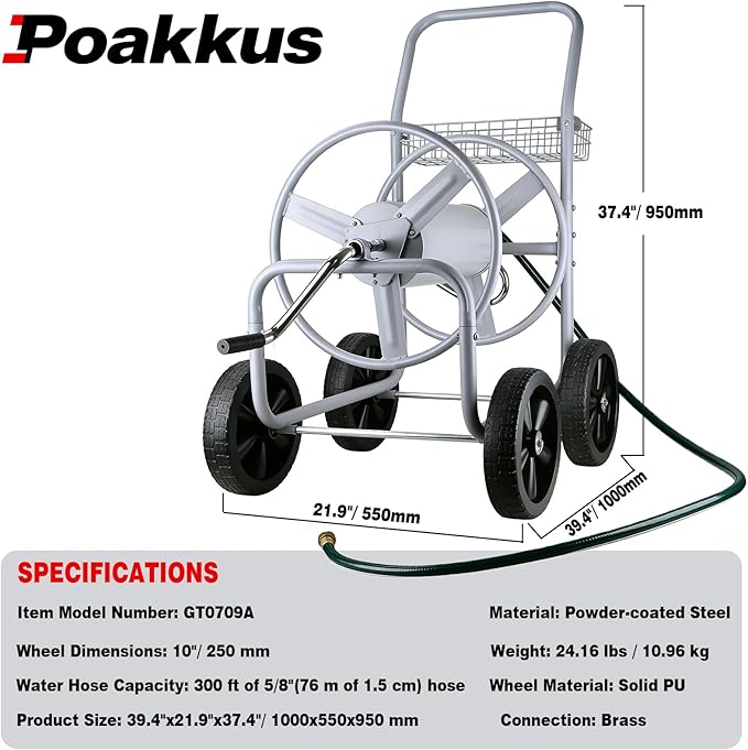 Hose Reel Cart, 300FT of 5/8’’ Hose, Heavy-Duty Water Hose Cart with 4 Wheels, Storage Basket, Portable Water Hose Organizer for Outside Yard, Outdoor Planting Tool (Sliver)