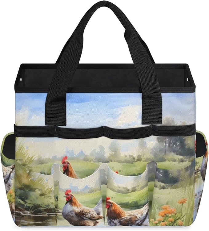Garden Tool Bag Organizer Garden Tote Bag with Pockets Field Animal Rooster Tool Storage Organizer Gardening Tool Kit Holder 13" x 6.8" x 2.8"