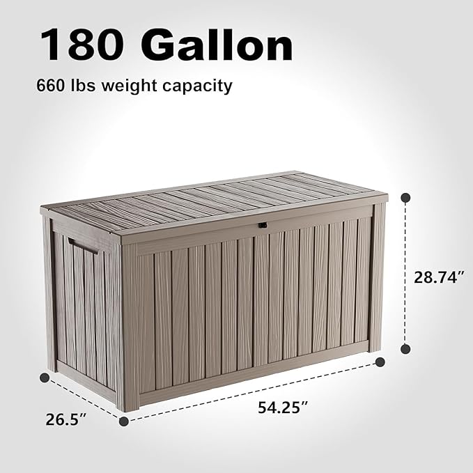 Vixzen 180 Gallon Resin Deck Box, Lockable Outdoor Storage Box for Patio Cushions Storage Furniture,Garden Tools, Pool Supplies, Weatherproof and UV Resistant- Light Brown（Grey，180 Gallon）