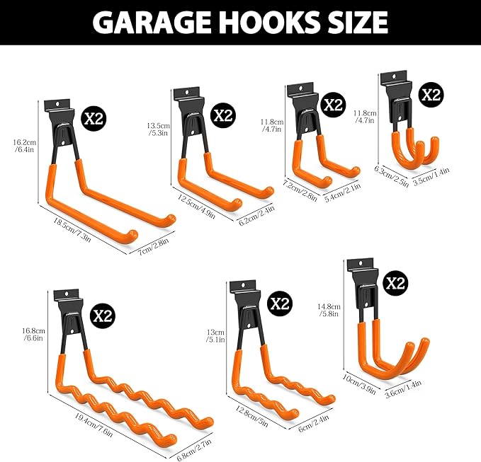 3-H Slatwall Hooks 14 Pack Heavy Duty Multi Sizes, Slatwall Accessories & Hangers Compatible with Proslat Handiwall Crownwall StoreWALL, Garage Slat Wall Hooks for Tools & Daily Items(Orange)