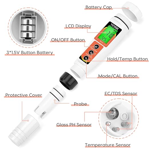 YINMIK PH Meter, Digital 4 in 1 PH EC TDS Temp Meter for Water Hydroponics, Waterproof DWC PH and EC PPM Water Tester with Backlit for Nutrients Growing, Indoor Garden, Home Brewing, Pool, Aquarium