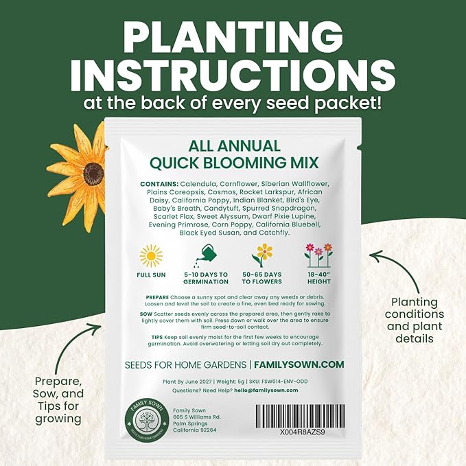 All Annual Quick Blooming Mix - 3,000 Flower Seeds for Planting - Wildflower Mix - 5 Gram Pouch