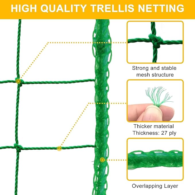 Garden Trellis Netting for Climbing Plants Outdoor, 6.6x16.4 FT Plant Netting for Cucumber, Tomato, 27 Strands Trellis Net with 4x4 Inch Mesh as Vegetable Netting for Grape, Bean, Pond