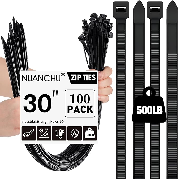 Nuanchu 100 Pcs 30 Inch Black Zip Ties Heavy Duty Cable Ties for Indoor and Outdoor Binding Fences, Awnings Tying, Branches Bundling of Crops