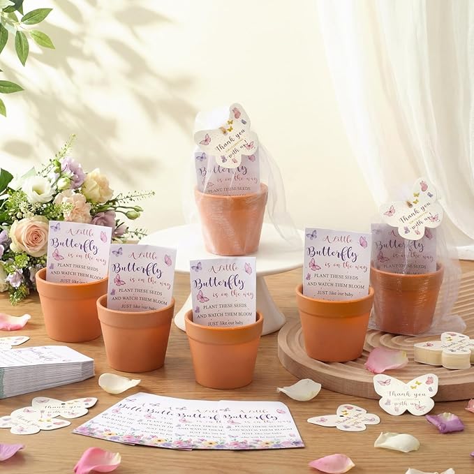 Ctosree 50 Sets Butterfly Baby Shower Party Favors for Guests A Little Butterfly Is on The Way Seed Packets Include Self-adhesive Seed Packets Flowerpot Thank You Tags Organza Bags for Baby Shower