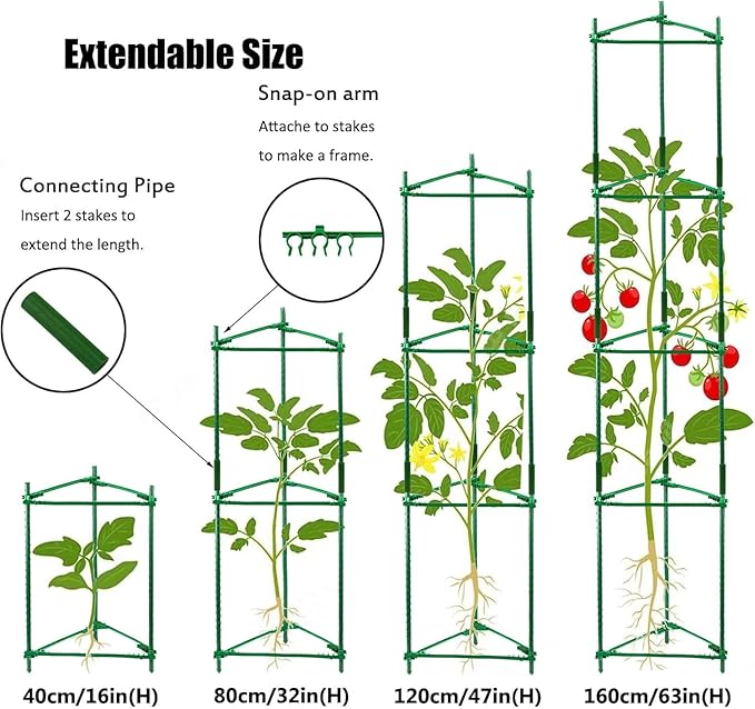 Tomato Cages - 4 Floor Up to 63lN Adiustable Snap-On Arms Tomato Trellis Expandable Tomato Cages，for Garden Tomato Plant Stakes Vegetables Flowers
