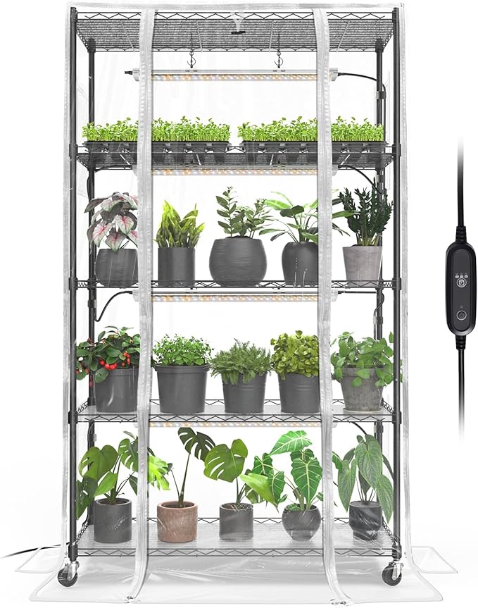 Bstrip Indoor Greenhouse with Grow Light, Mini Green House with 4 Pack 24W Full Spectrum Plant Lights with Timer, Plant Shelf with Tent for Indoor Plant, Seed Starting, Seed Tray, 35.4"x13.8"x59"