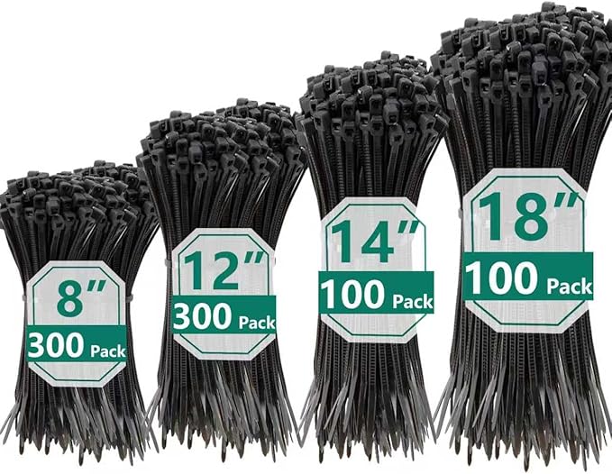 800 PCS Black Zip Ties Assorted Sizes 8+12+14+18 Inch Self-locking Nylon Cable ties Heavy Duty Outdoor, UV Resistant Wire Straps for Home Office Garden Workshop Indoor Outdoor Fence