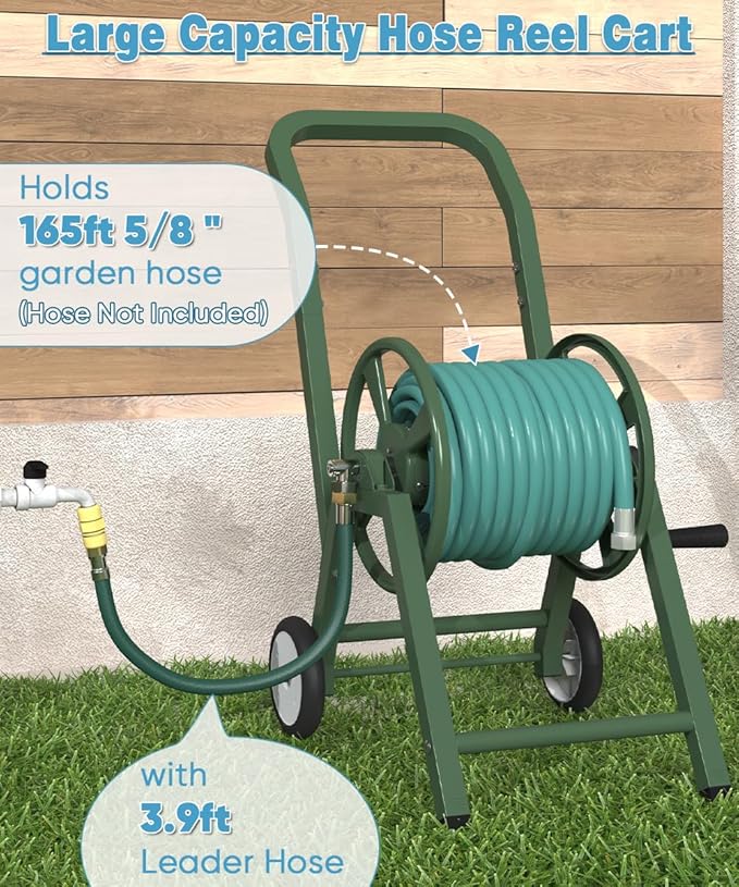 Garden Hose Reel Cart with Wheels, Holds 165 ft of 5/8’’ Hose Outdoor Heavy Duty Powder-coated Steel Water Storage Winder Holder with 3.9 Ft Leader Hose for Outside Lawn Yard, Green