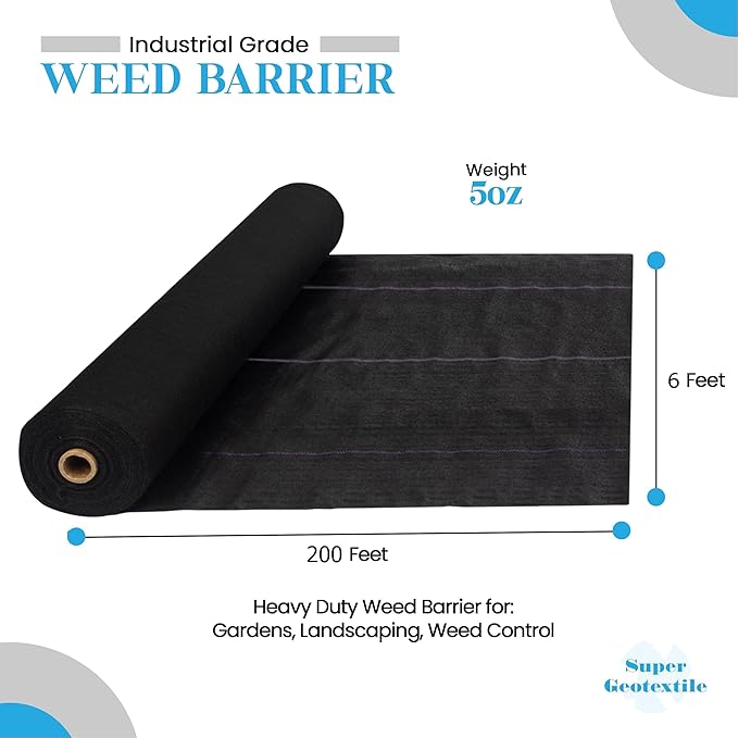 Professional 5oz Geotextile Weed Barrier Fabric - Heavy Duty Landscape Fabric for Gardening, Landscaping, Weed Fabric, Eco Friendly (6x200)