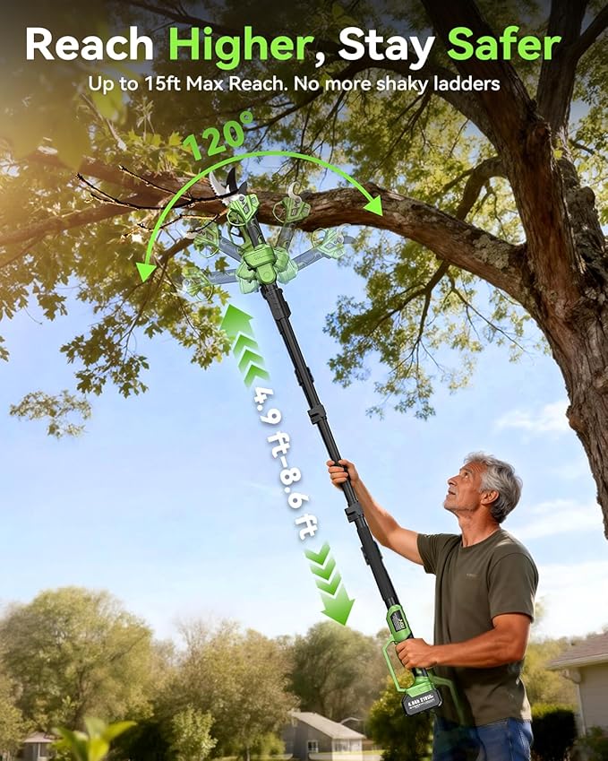 J-KU Electric Pruning Shears Cordless: 2-in-1 Electric Tree Pruner with Extension Pole, 21V 2×4000mAh Battery Powered, 1.4" Cutting Diameter, Brushless Pole Pruner Branch Cutter for Tree Trimmer