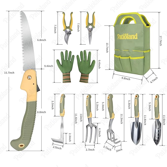 10-Piece Garden Tool Set – Green&&Orange Gardening Hand Tools with Non-Slip Handles, Heavy Duty Rust-Proof Aluminum Tools, Organizer Tote Bag, Ideal Gardening Gifts for Women & Grandma