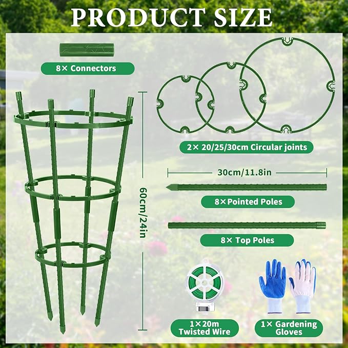 2-Pack 24 Inches Tomato Cages for Garden, Tomato Cage, Tomato Plant Support, Heavy-Duty Tomato Trellis with Height Adjustable Rings for Garden Climbing Plants with Twist Tie & Gloves