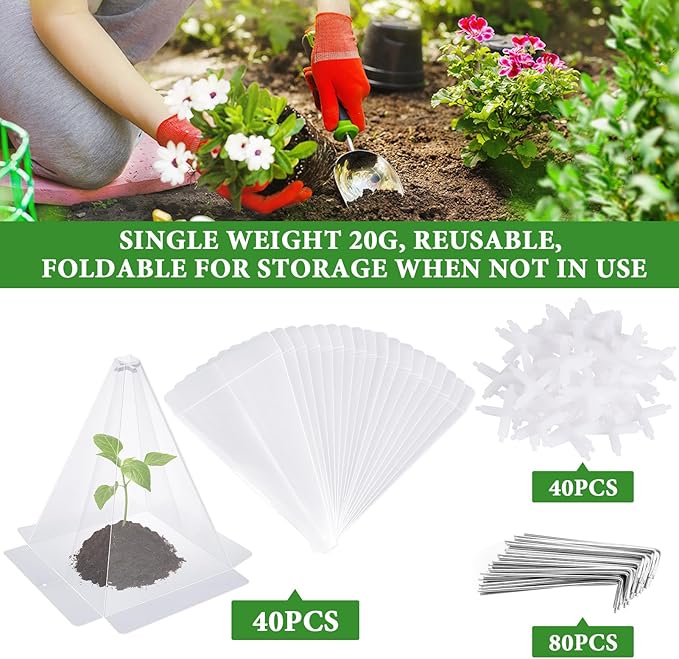 40 Pieces Garden Cloches for Plants, Reusable Plastic Plant Seedling Protector with 80 Ground Securing Peg, Transparent Bell Jar Cloches to Protect Plants from Birds, Slugs, sun, Frost, Freeze Weather