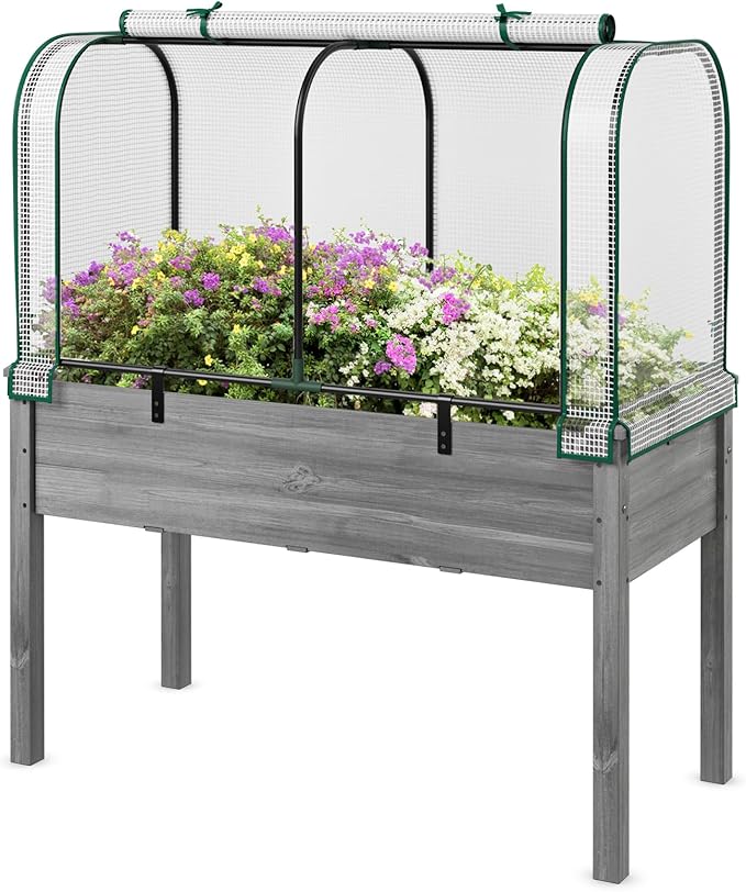 Happygrill Raised Garden Bed with Greenhouse Cover, Raised Bed with Legs & Drainage Holes for Herbs, Vegetables, Outdoor Wood Elevated Planter Box for Patio, Backyard, Balcony (White+Grey)