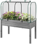 Happygrill Raised Garden Bed with Greenhouse Cover, Raised Bed with Legs & Drainage Holes for Herbs, Vegetables, Outdoor Wood Elevated Planter Box for Patio, Backyard, Balcony (White+Grey)