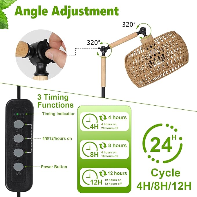 HMVPL Grow Lights for Indoor Plants Full Spectrum, Plant Lights for Indoor Growing with 20W COB Grow Blub, Rattan Shade, Timer, Standing Tall Grow Lamp for Middle Large Plants(75'', Height Adjustable)