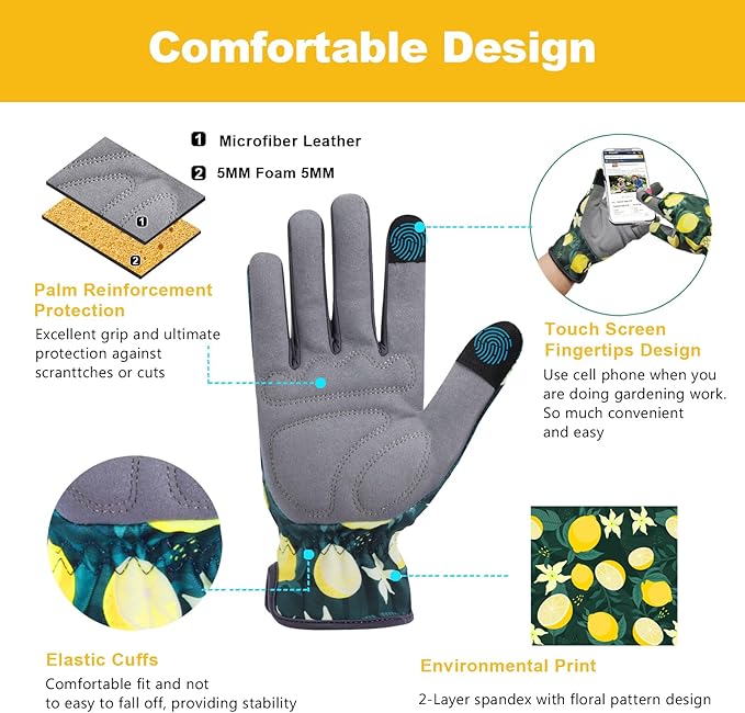 Gardening Gloves for Women, Flexible Breathable Garden Gloves, Leather Working Gloves for Weeding, Digging and Pruning (M-Lemon)