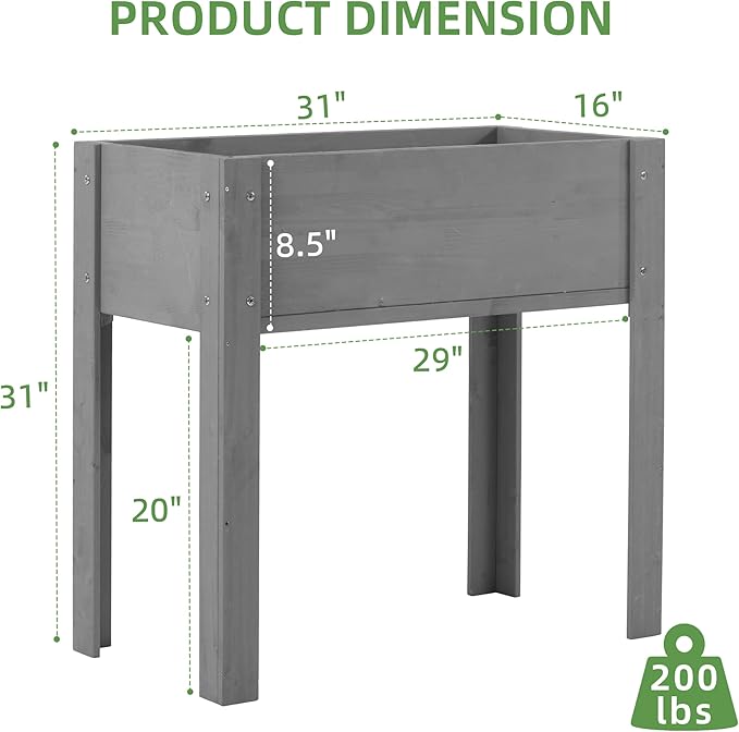 Raised Garden Bed with Legs, 31x16x31'', Outdoor Wood Elevated Planter Box, Grey Cedar, Thick Legs, w/Liner