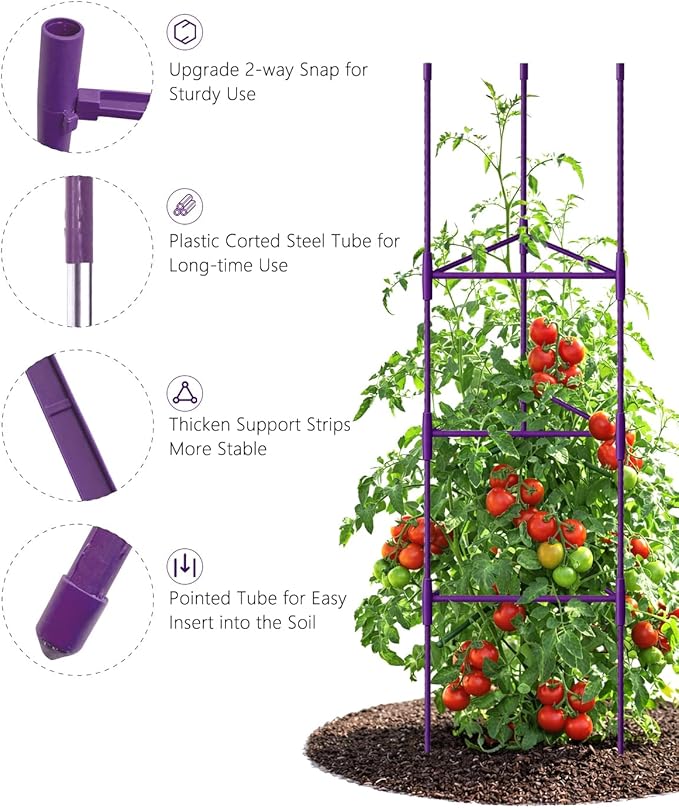 Growsun 51 inch Tomato Cage Heavy-Duty Plant Support Cucumber & Vine Vegetables – Adjustable Purple Metal Garden Trellis for Climbing Plants, Indoor & Outdoor Use, 3 Pack