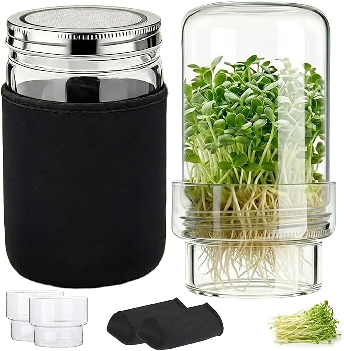 Seed Sprouting Kit 2 Wide Mouth Mason Jars with Stainless Steel Screen Lids & Drip Covers Complete Sprouter Growing Kit for Broccoli, Alfalfa, Mung Beans Home Gardening Gift for Adults & Kids