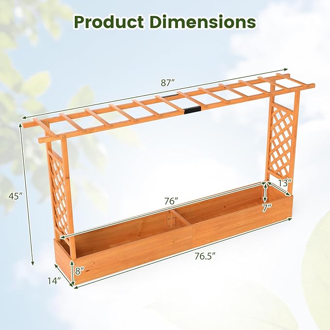 S AFSTAR Raised Garden Bed with Trellis, 2-in-1 Fir Wood Planter Box with Flat Roof & Drainage Holes, Vertical Planter Raised Bed for Climbing Plants, Flowers & Vegetables, 87" x 14" x 45" (Orange)