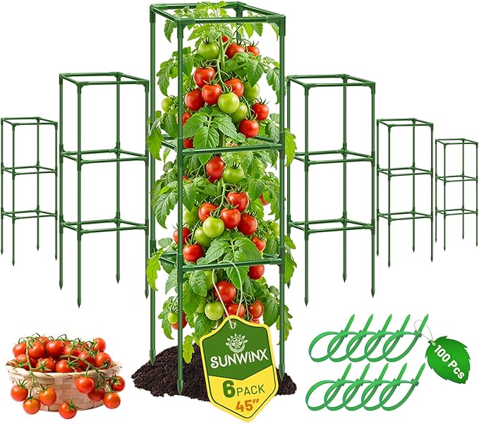 6 Pack Square Tomato Cages for Garden, 45 Inch Adjustable Tomato Stakes, Metal Tomato Trellis, Garden Plant Support for Potted Climbing Plants, Vegetables Flowers Fruits, Raised Garden Bed