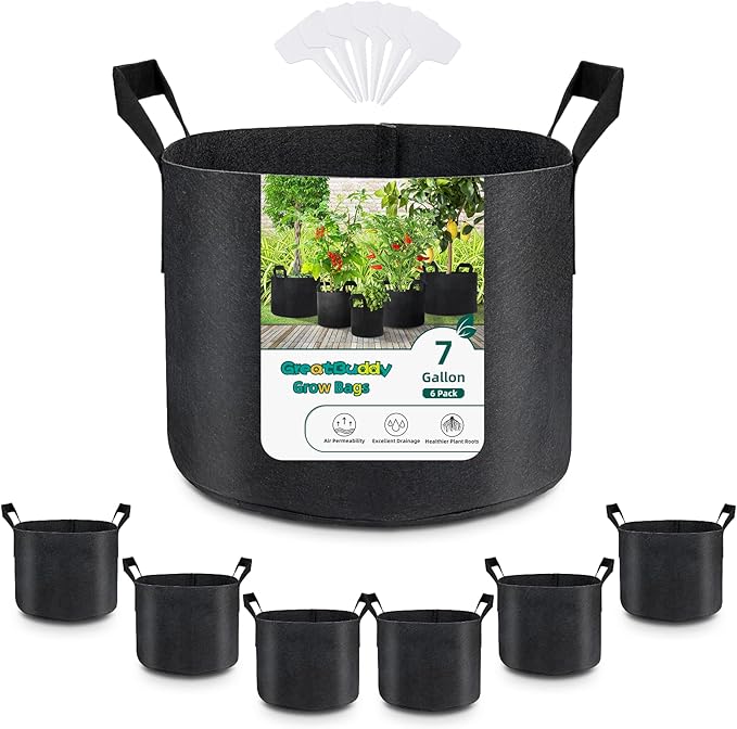 GreatBuddy 7 Gallon Grow Bags 6-Pack, Thick Fabric Pots for Plants, Sturdy Handles & Reinforced Stitching, Labels Included, Black