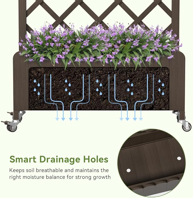 COMHOMA Raised Garden Bed with Trellis and Wheels,48Inch Elevated Planter Box with Drainage Holes,Lattice Privacy Screen for Climbing Plants Vegetables,Outdoor for Patio Balcony Yard,Brown