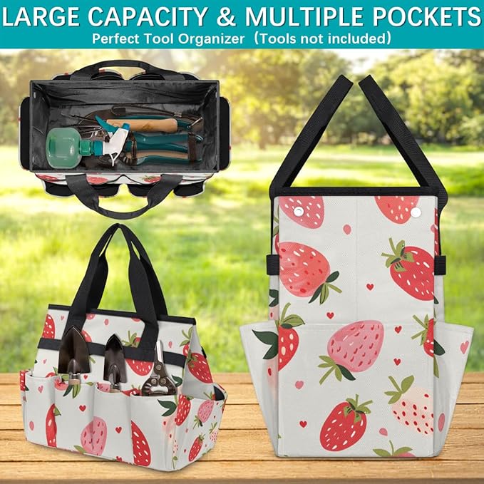 Strawberries Gardening Tool Bag,Heavy Duty Garden Tote Bag,Portable Oxford Gardening Storage Basket Organizer Handbag with Pockets Handle,Hand Tools Gifts for Outdoor Garden Lawn Yard