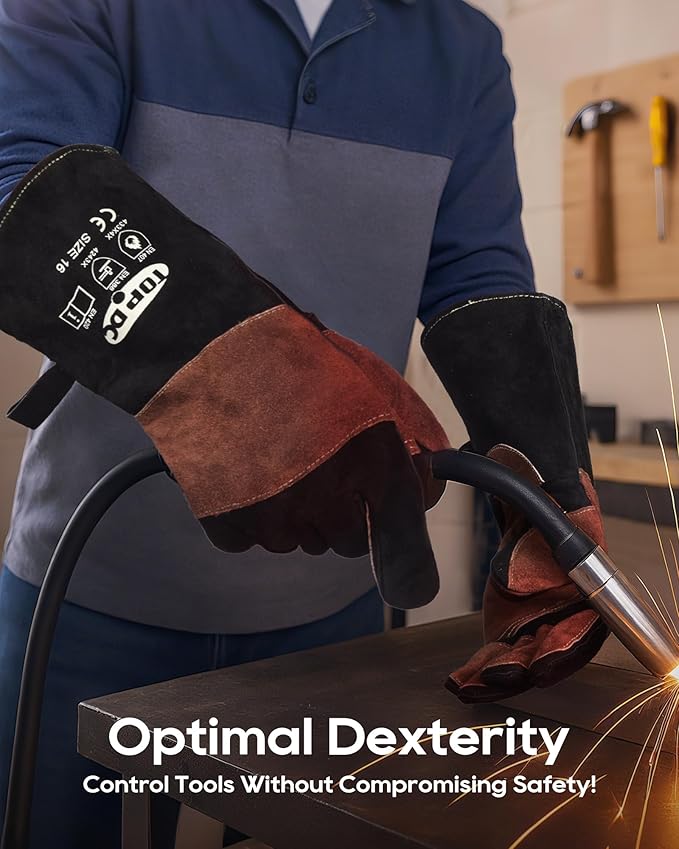 TOPDC Welding Gloves 16Inch 1000℉Heat/Fire Resistant Reinforced Leather Fireproof Gloves with Kevlar Stitching for Mig, Tig, Stick, Forge, BBQ, Grill, Oven, Fireplace, Furnace, Animal Handling, MEDIUM
