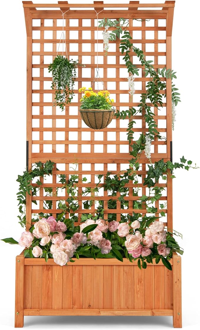 S AFSTAR Raised Garden Bed with Trellis, Wood Elevated Planter Box with Hanging Roof & Climbing Trellis, 4 Drainage Holes, 72.5" Tall Freestanding Planter Container for Vine Climbing Plants Flowers