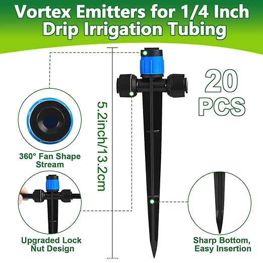 Push-to-Fit Drip Irrigation Vortex Emitters for 1/4" Drip Irrigation Tubing, 20 Pcs Adjustable 360 Degree Water Flow Fan Shape Drippers with Stake in-Line Drip System Emitter