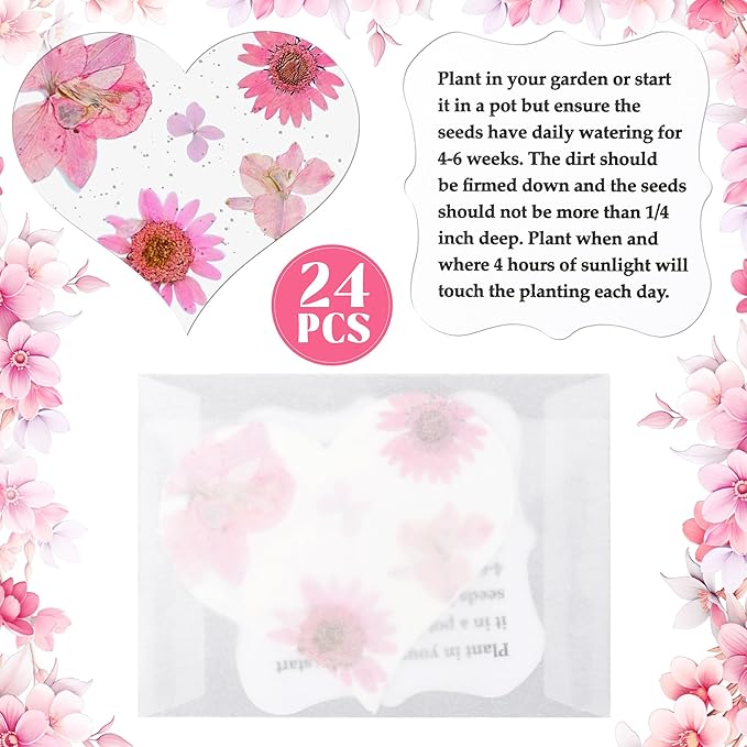 24 Pink Heart Plantable Seed Paper with Wildflower Seeds – Favor for Bridal Shower, Wedding Gift, Birthday, Garden Keepsake, Let Love Grow