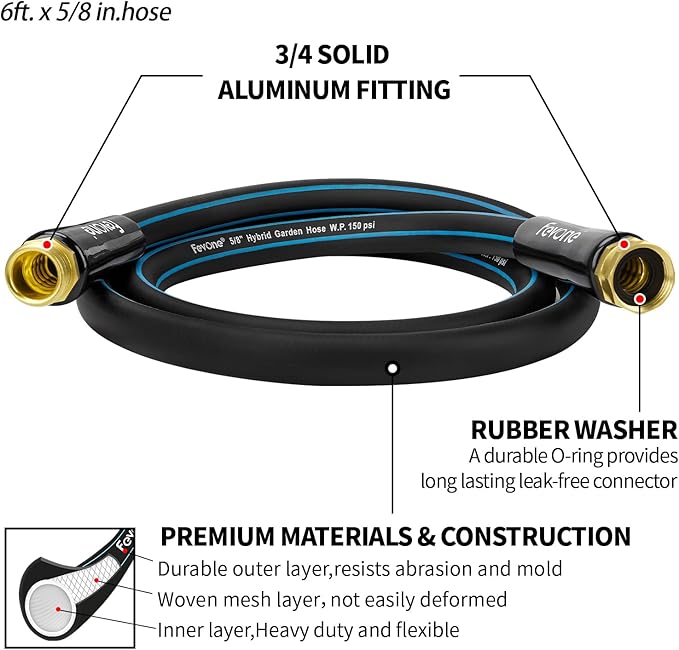 Fevone Short Water Hose 6ft, Lead Hose for Hose Reel, Connecting Hose for Hose Reel Cart, 5/8 Inner Diameter Hose, 3/4 Brass Fittings