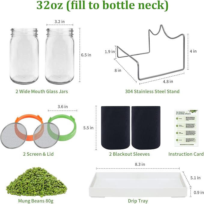Seed Sprouting Jar Kit with Mung Beans 2.9oz, 2 Large Wide Mouth Mason Jars with Sprouting Lids, Blackout Sleeves, Drain Tray, Sprouts Growing Kit for Growing Bean, Alfalfa, Radish Sprout Seeds