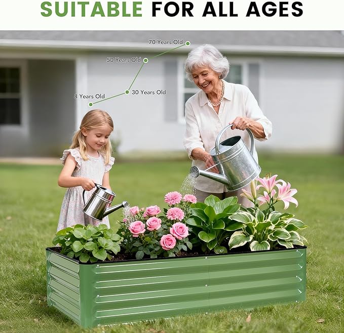 INNO STAGE Galvanized Raised Garden Bed Kits, 4x2x1ft Metal Raised Garden Beds Outdoor, Steel Raised Planter Bed with Gloves for Vegetables & Flowers Patio Ground Planter Box (Olive Green, 2PCS)