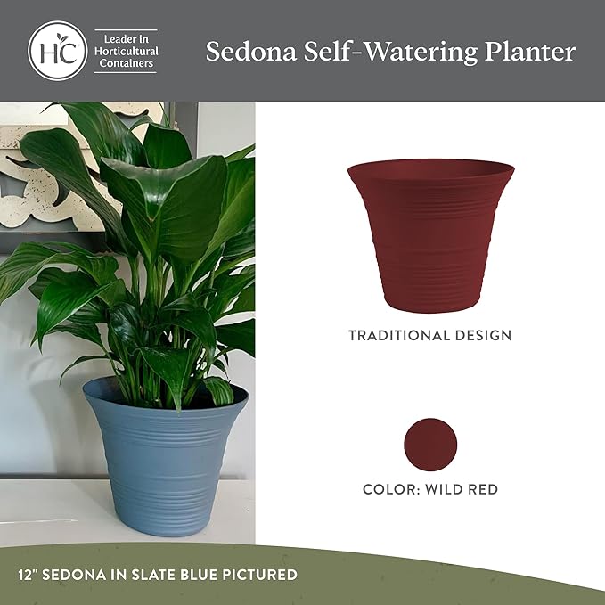 The HC Companies 9 Inch Sedona Round Self Watering Planter Pots, Lightweight UV-Resistant Plastic Indoor & Outdoor Planters, 4-Pack Flower Pots for Garden & Home Decor, Wild Red