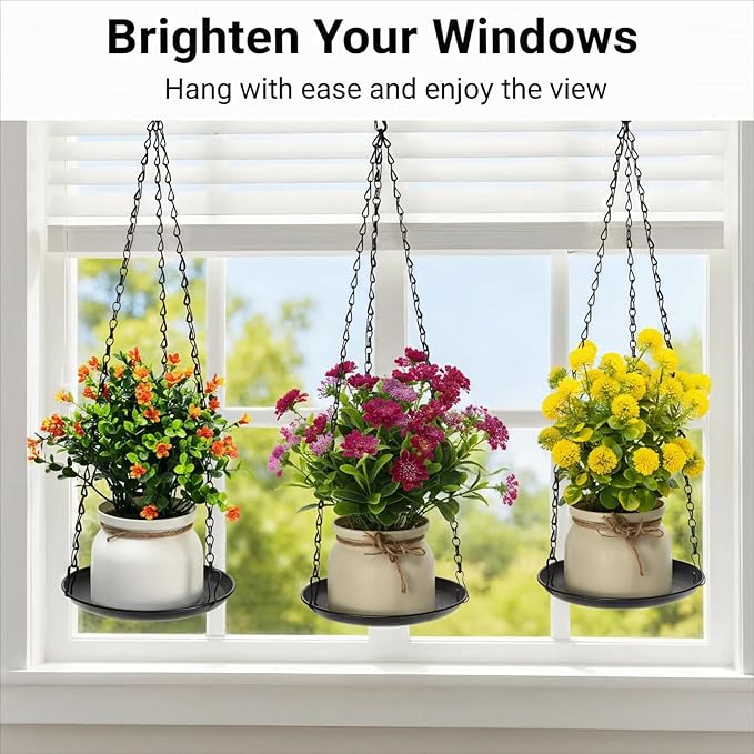 Heavy Duty Metal Hanging Planters for Indoor Plants - Black Plant Hanger with Sturdy Tray & Chains, Modern Boho Wall/Ceiling/Window Mounted Plant Basket (3/S, Three Chains Three Little Trays)