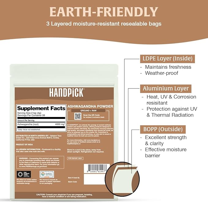 HANDPICK Ashwagandha Root Powder (397g/14oz) No Fillers, No Additives | Finest Grade A Root Powder - Withania Somnifera | Non-GMO & Raw from India