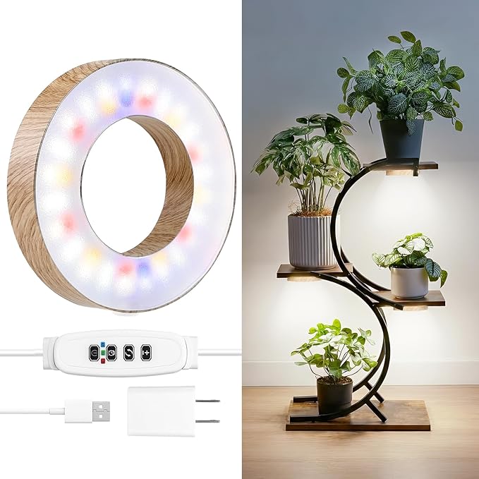 3CCT Grow Lights for Indoor Plants, 48 Full Spectrum LED Plant Light for Indoor Growing with Enhanced Red & Blue, 4/8/12H, 10-Level Dimmable, 2 in 1 Small Ceiling Grow Light Wood Grain, 1-Head