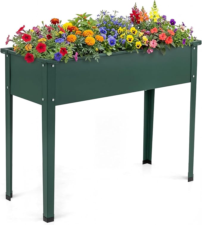 Giantex Metal Raised Garden Bed with Legs, 40”x16”x32” Elevated Planter Box with Drainage Holes for Vegetable Fruit Flower Herb, Outdoor Standing Gardening Box for Balcony Backyard Patio Porch, Green