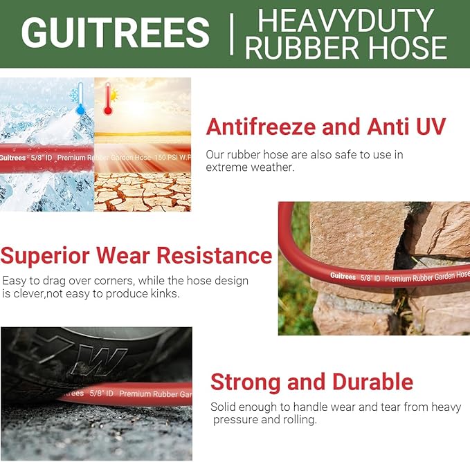 25FT 5/8 Heavy Duty Rubber Garden Hose - 300psi Working, 1000psi Burst - Hot/Cold Water - Five-Layered Braiding for Durability - Versatile for Gardening, Agriculture, Construction(Red)