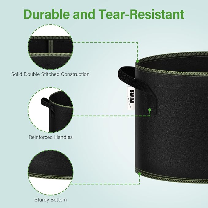 iPower 5-Gallon 5-Pack Grow Bag Thickened Nonwoven Fabric Pots Heavy Duty Aeration Container with Strap Handles for Garden and Planting Vegetable Flowers, Black with Green Stitch Sewing