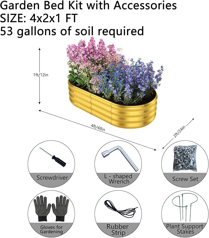 ZFHgarden Garden Box Raised Flower Bed Galvanized Metal Planter Round Raised Garden Bed Kit for Gardening Outdoor 2PC Gold 4X2X1FT