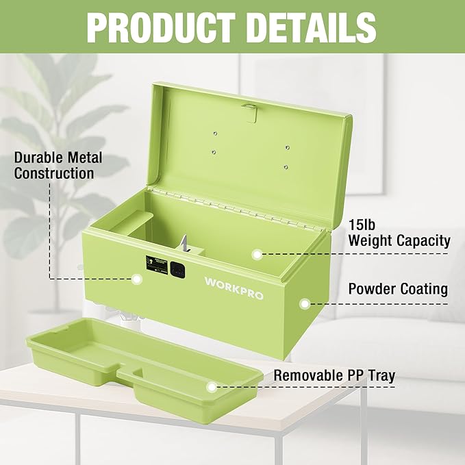 WORKPRO 10.8" Portable Mini Metal Tool Box with Removable Color-Matching Tray, One-Button Latch Toolbox, Steel Tool Chest with PP Handle, Compact Storage Organizer for Home, Office or Workshop