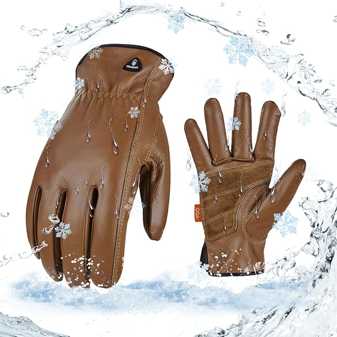 Vgo... 1Pair 0℃/32°F Winter Cow Grain Leather Work Gloves, Cold Weather Waterproof Safety Work Gloves(Size L,Brown,CA9597FLWP)