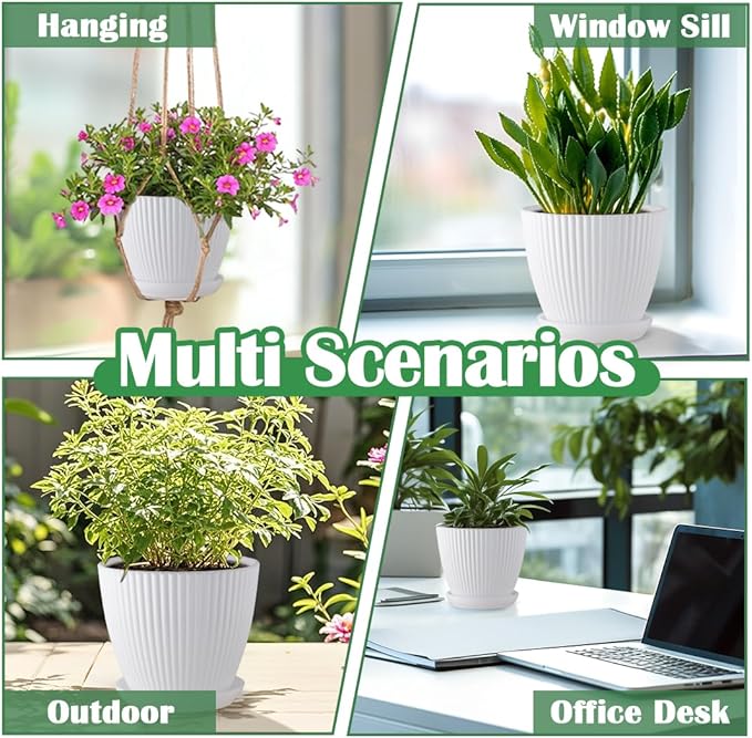 RooTrimmer 7.5/6.5/5.5/4.9/4.2/3.5 Inch Plant Pots with Drainage Holes and Saucer, Plastic Flower Pots for Indoor Plants, Lightweight Planter Pots for Plants, White