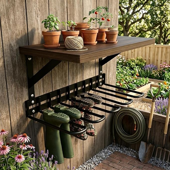 Decoroca Wall Mount Boot Rack, Garden Tool Organizer With 5 Curved Hooks & Wood Shelf, Heavy Duty Wader Boot Hangers Organizer Rack Trays for Outdoor/Indoor, Garden, Garage