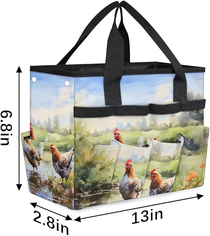Garden Tool Bag Organizer Garden Tote Bag with Pockets Field Animal Rooster Tool Storage Organizer Gardening Tool Kit Holder 13" x 6.8" x 2.8"